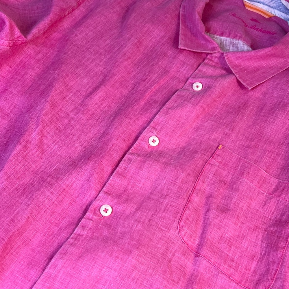 Tommy Bahama Mens XL Pink 100% Linen Short Sleeve Button Down Shirt Marlin Logo